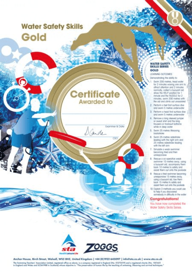 Water Safety Skills Gold - Certificate with Badge