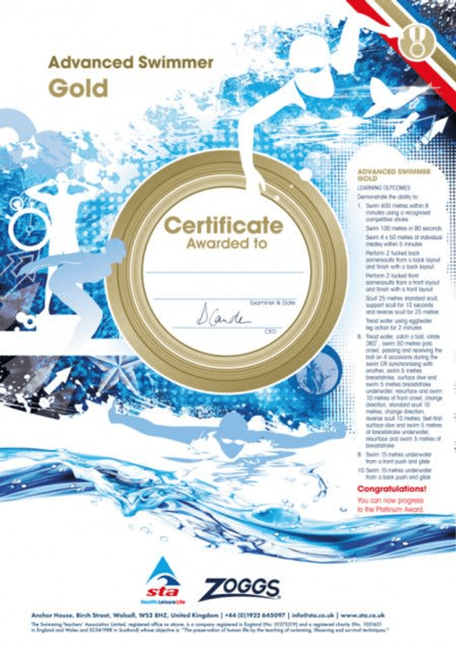 Advanced Swimmer Gold - Certificate with Badge